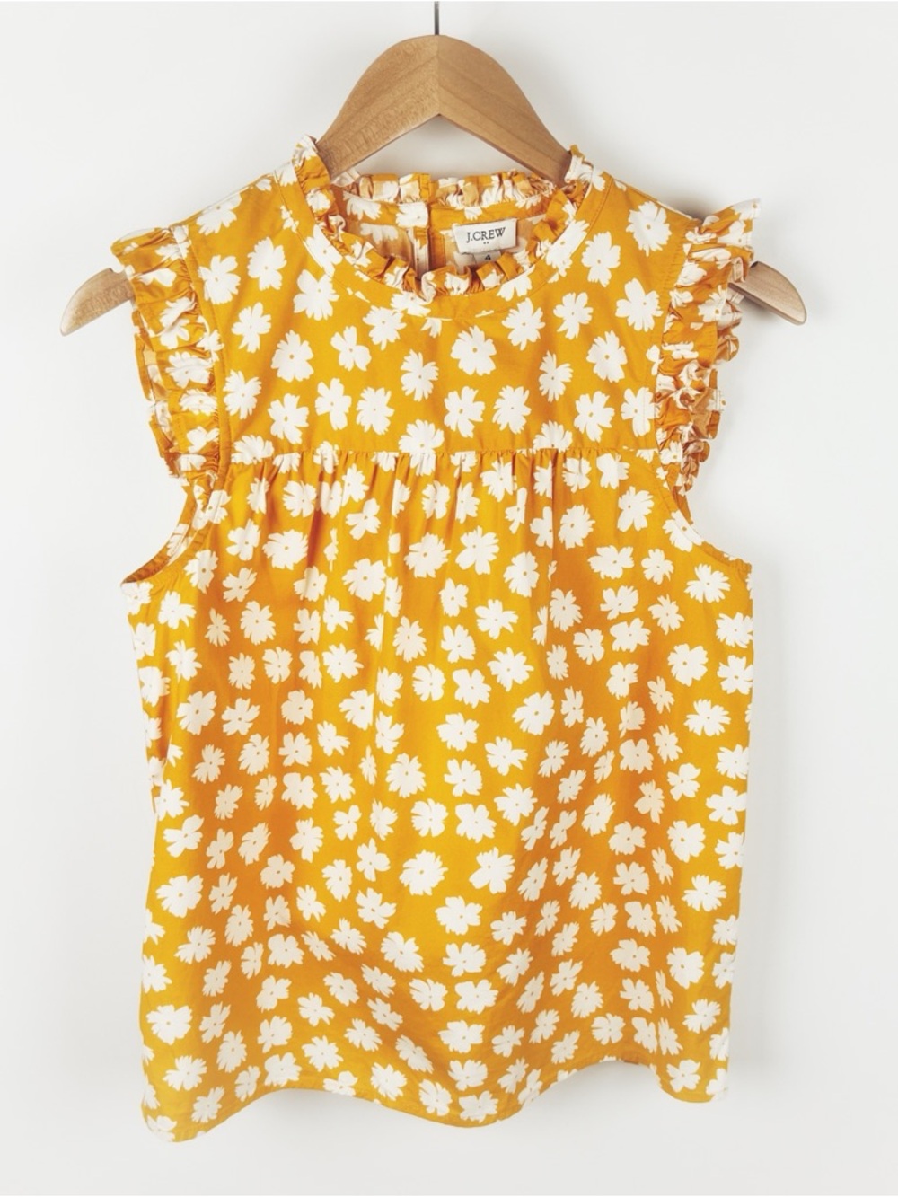 J. Crew Floral Ruffle Trim Shirred Poplin Casual Top Yellow 2021 Size S (4)